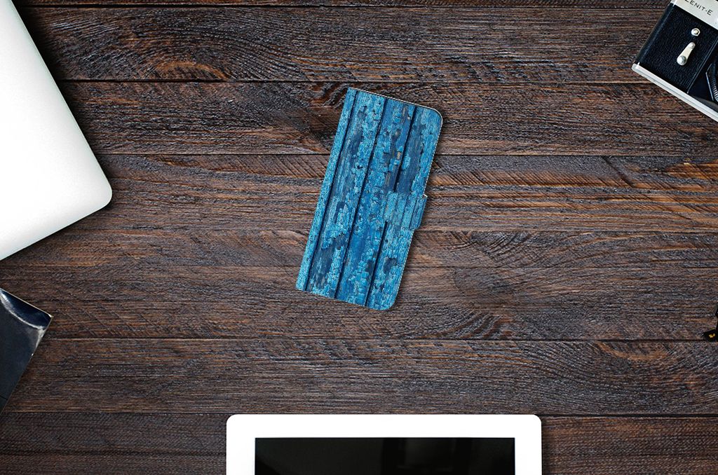 OnePlus 12 Book Style Case Wood Blue boekhoesje ontwerp blauw hout aanzicht