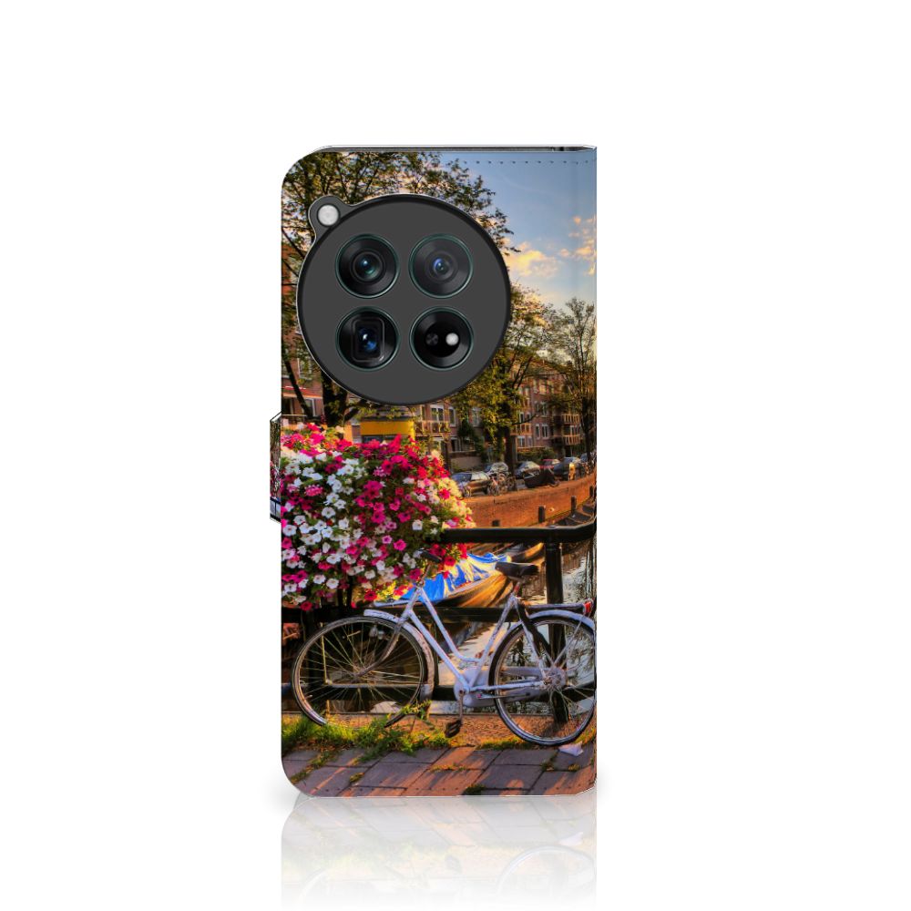 OnePlus 12 Flip Cover Amsterdamse Grachten telefoonhoesje bloemen fiets water