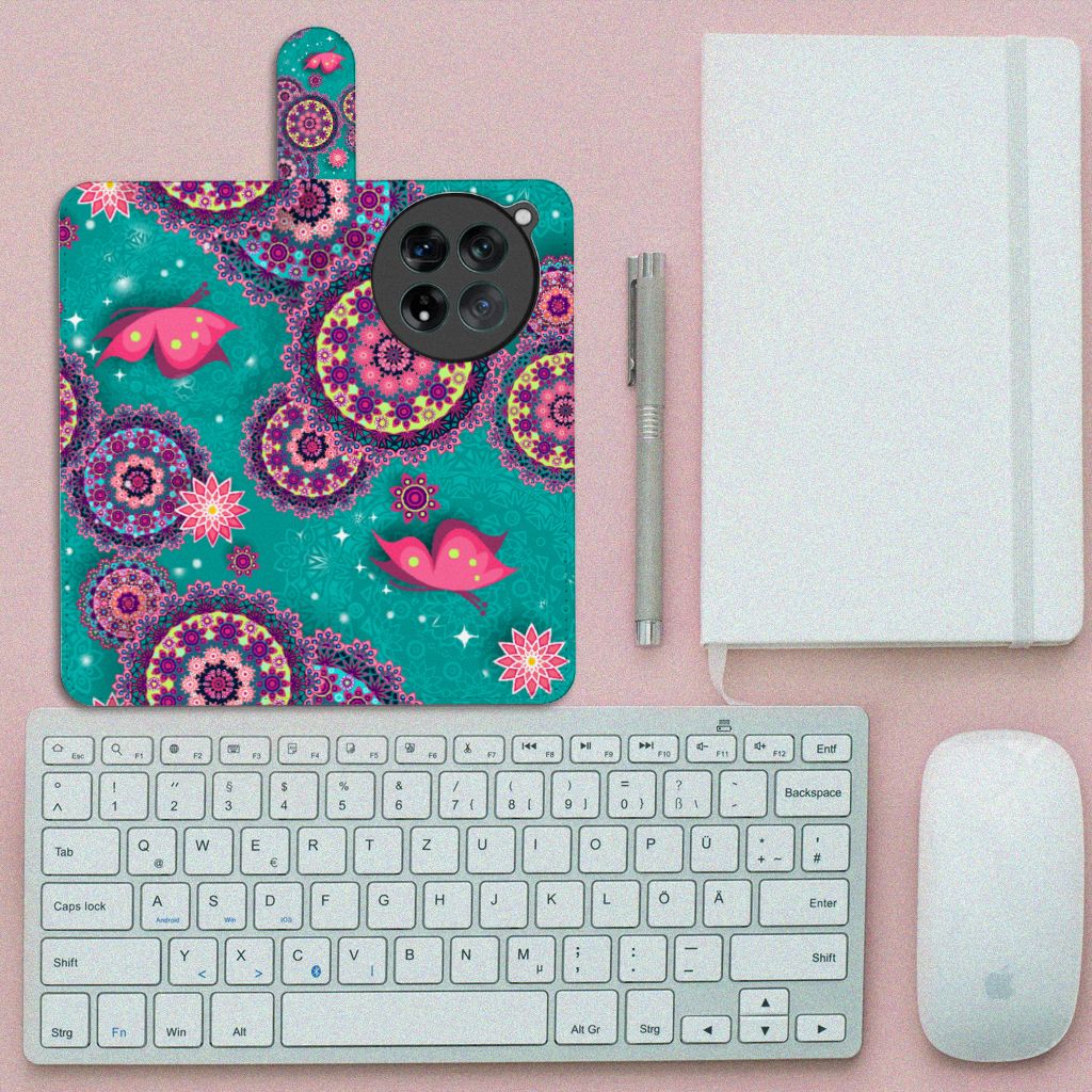 OnePlus 12 Hoesje Cirkels en Vlinders design vlinders mandala aanzicht
