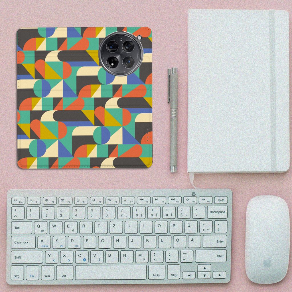OnePlus 12 Hoesje met Magneet Funky Retro design kleurrijk bovenaanzicht