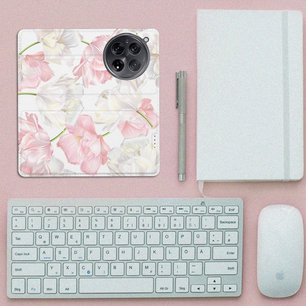 OnePlus 12 Smart Cover Lovely Flowers met roze en witte bloemen, perfect als cadeau voor stijl en bescherming.