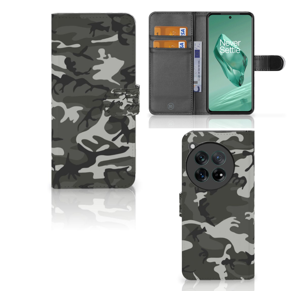 OnePlus 12 Telefoon Hoesje Army Light telefoonhoesje camouflage design voor en achteraanzicht