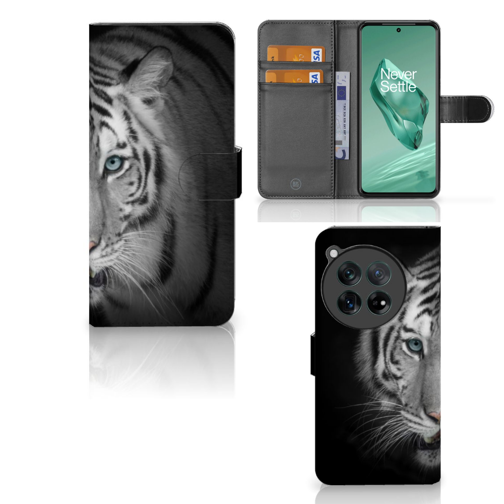 OnePlus 12 Telefoonhoesje met Pasjes Tijger boekhoes tijger zwart wit vooraanzicht