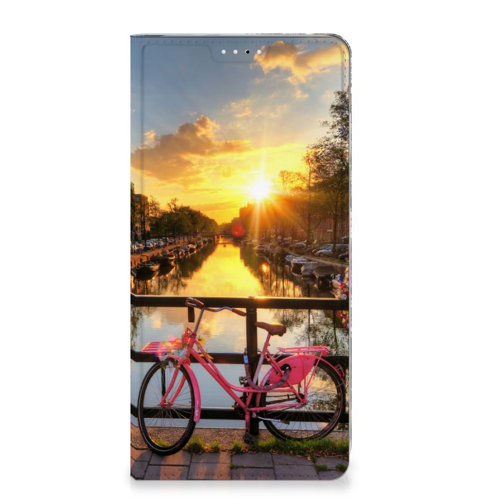OnePlus 13 Book Cover Amsterdamse Grachten design hoesje aanzicht met fiets en zonsondergang