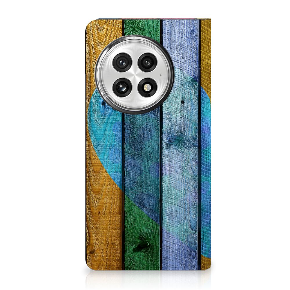 OnePlus 13 Book Wallet Case Wood Heart hoesje aanzicht kleurrijk