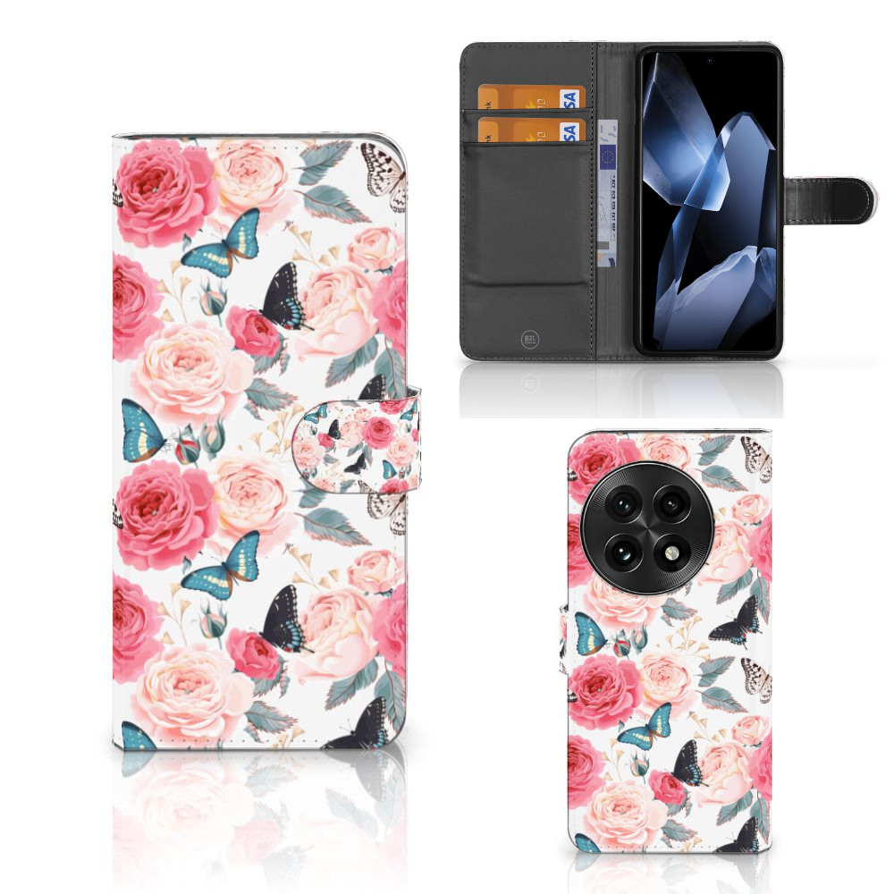 OnePlus 13 Hoesje Butterfly Roses boekhoesje vlinders rozen aanzicht