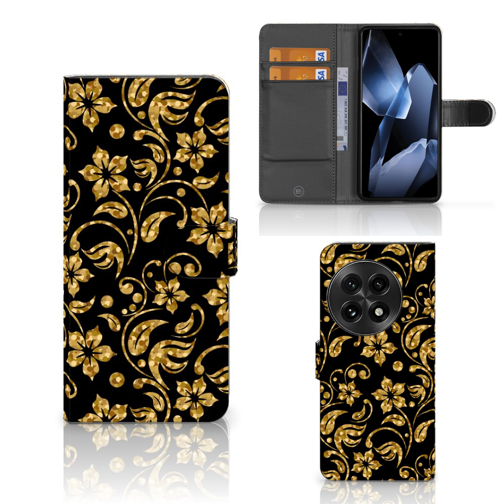 OnePlus 13 Hoesje Gouden Bloemen telefoonhoesje gouden bloemen voorkant achterkant binnenzijde