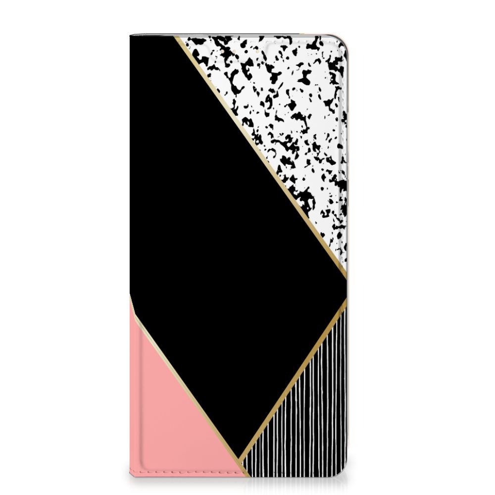 OnePlus 13 Stand Case Zwart Roze Vormen design Black Pink Shapes aanzicht