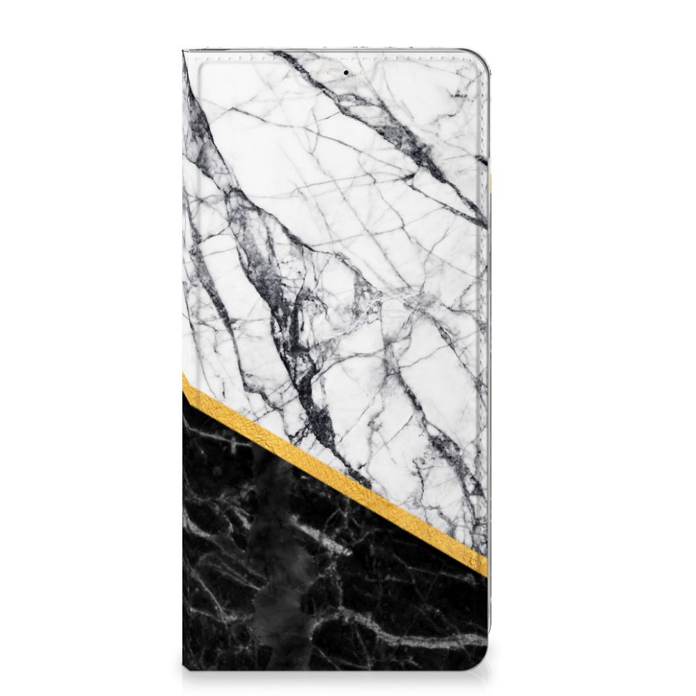 OnePlus 13 Standcase Marmer Wit Zwart design hoesje aanzicht zwart-wit marmer gouden lijn