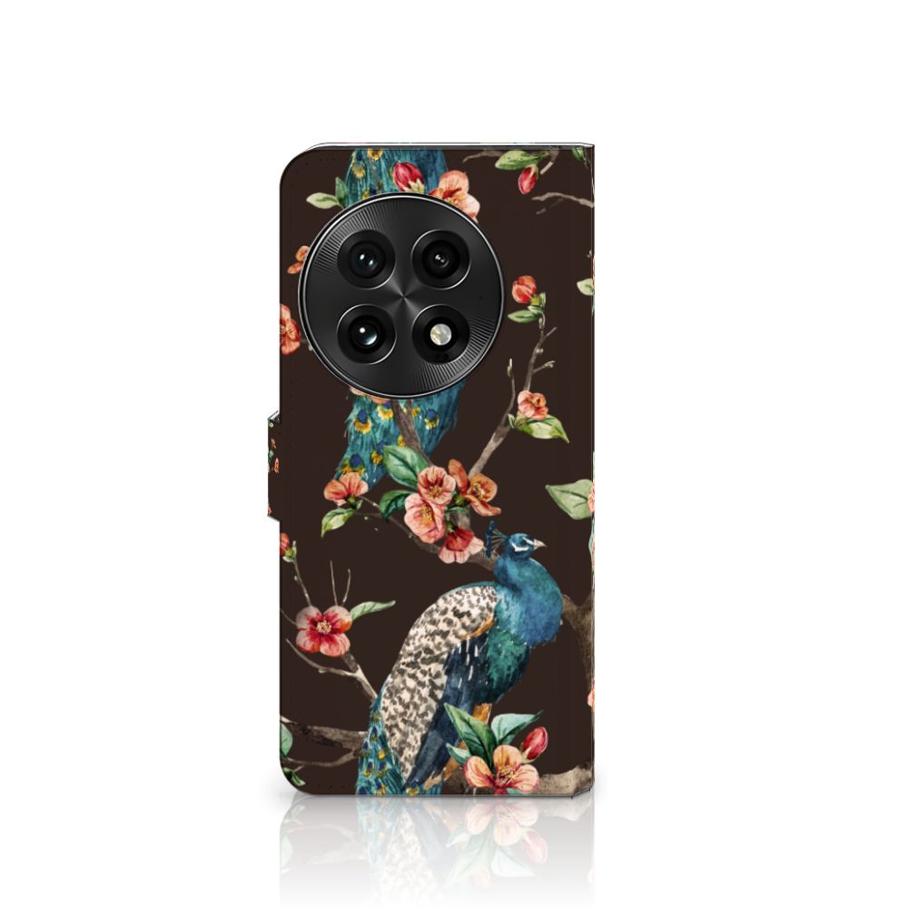 OnePlus 13 Telefoonhoesje met Pasjes Pauw met Bloemen telefoonhoesje pauw bloemen aanzicht