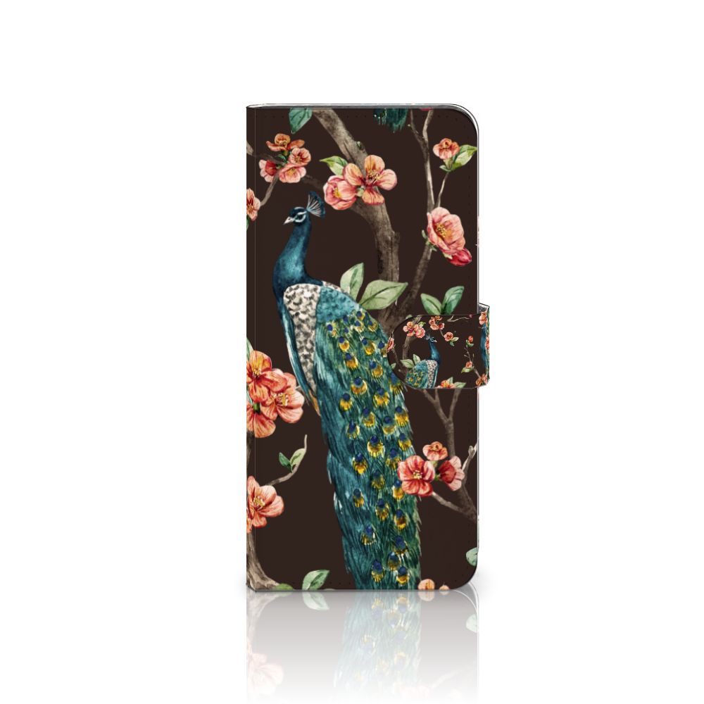 OnePlus 13 Telefoonhoesje met Pasjes Pauw met Bloemen design pauw bloemen vooraanzicht
