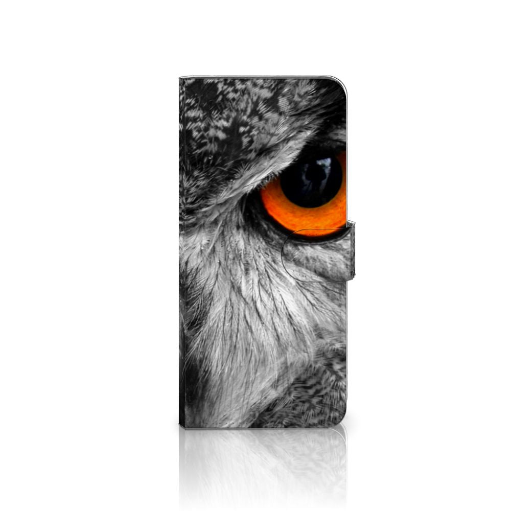 OnePlus 13 Telefoonhoesje met Pasjes Uil uil zwart wit oranje oog aanzicht