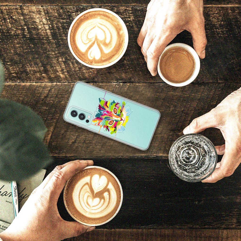 OnePlus Nord 2 5G Telefoonhoesje met Naam Cat Color kleurrijk design bovenaanzicht koffie