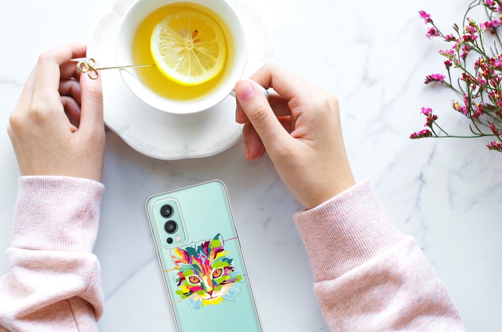 OnePlus Nord 2 5G Telefoonhoesje met Naam Cat Color design bovenaanzicht