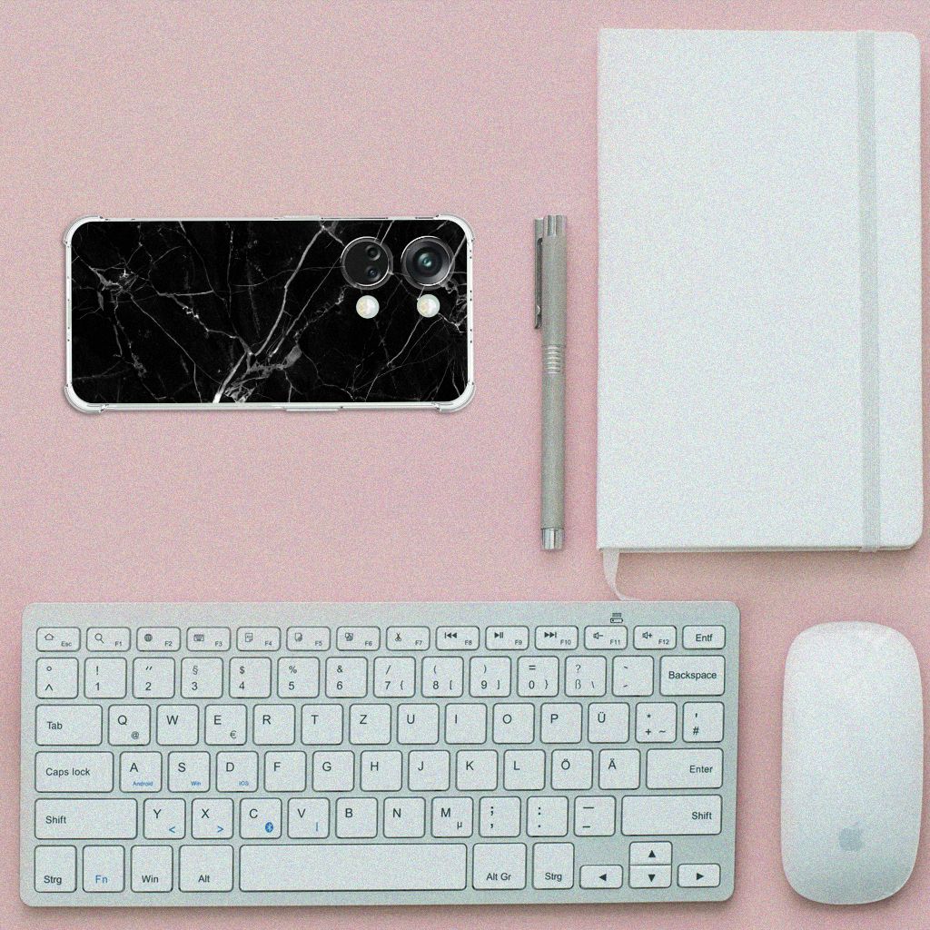 OnePlus Nord 3 Anti-Shock Hoesje Marmer Zwart bovenaanzicht toetsenbord notitieboekje pen muis