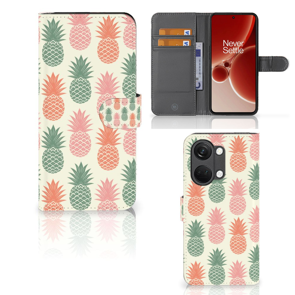 OnePlus Nord 3 Book Cover Ananas met vrolijke ananasprint en vakjes voor pasjes, stijlvol en duurzaam. 🍍