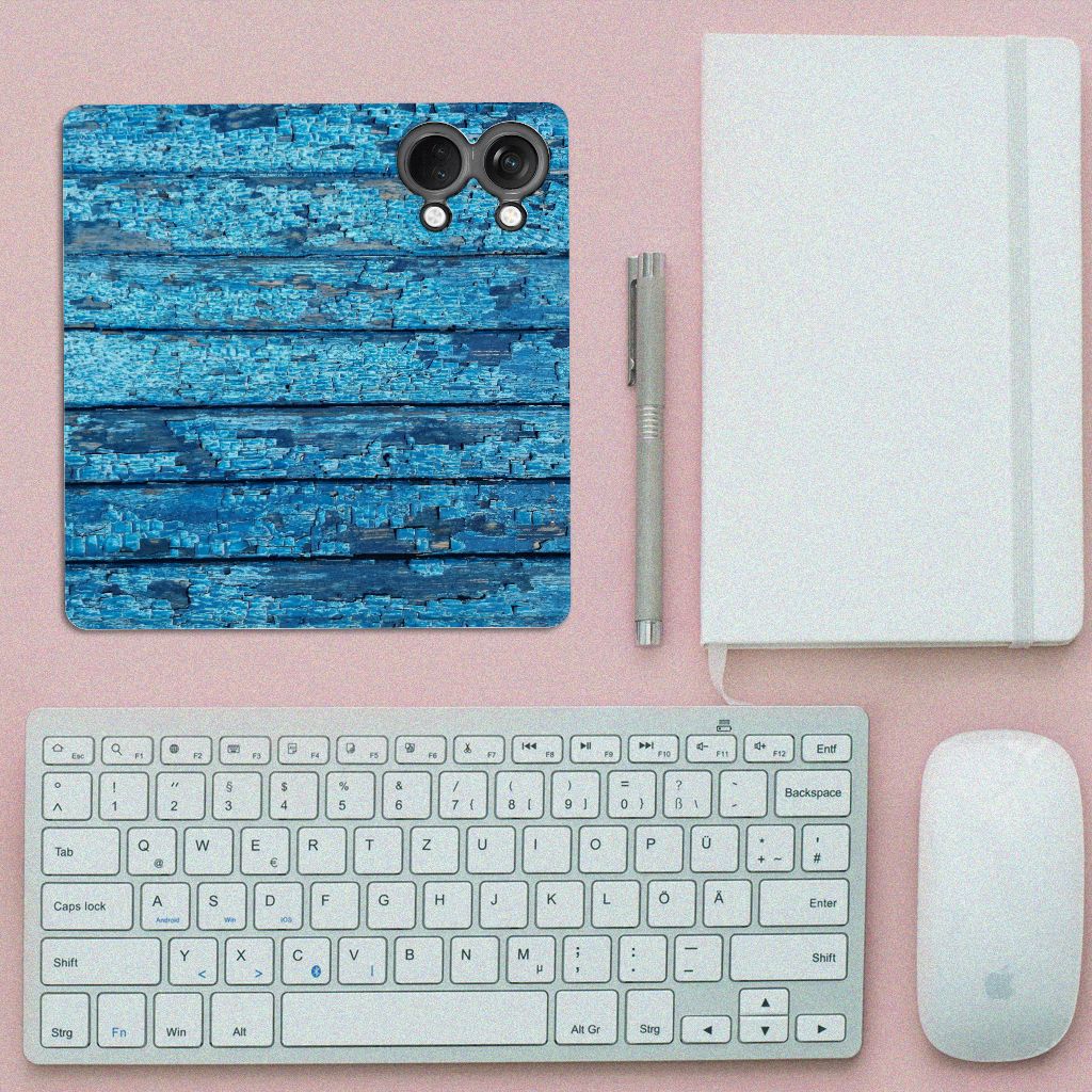 OnePlus Nord 3 Book Wallet Case Wood Blue design blauw hout aanzicht