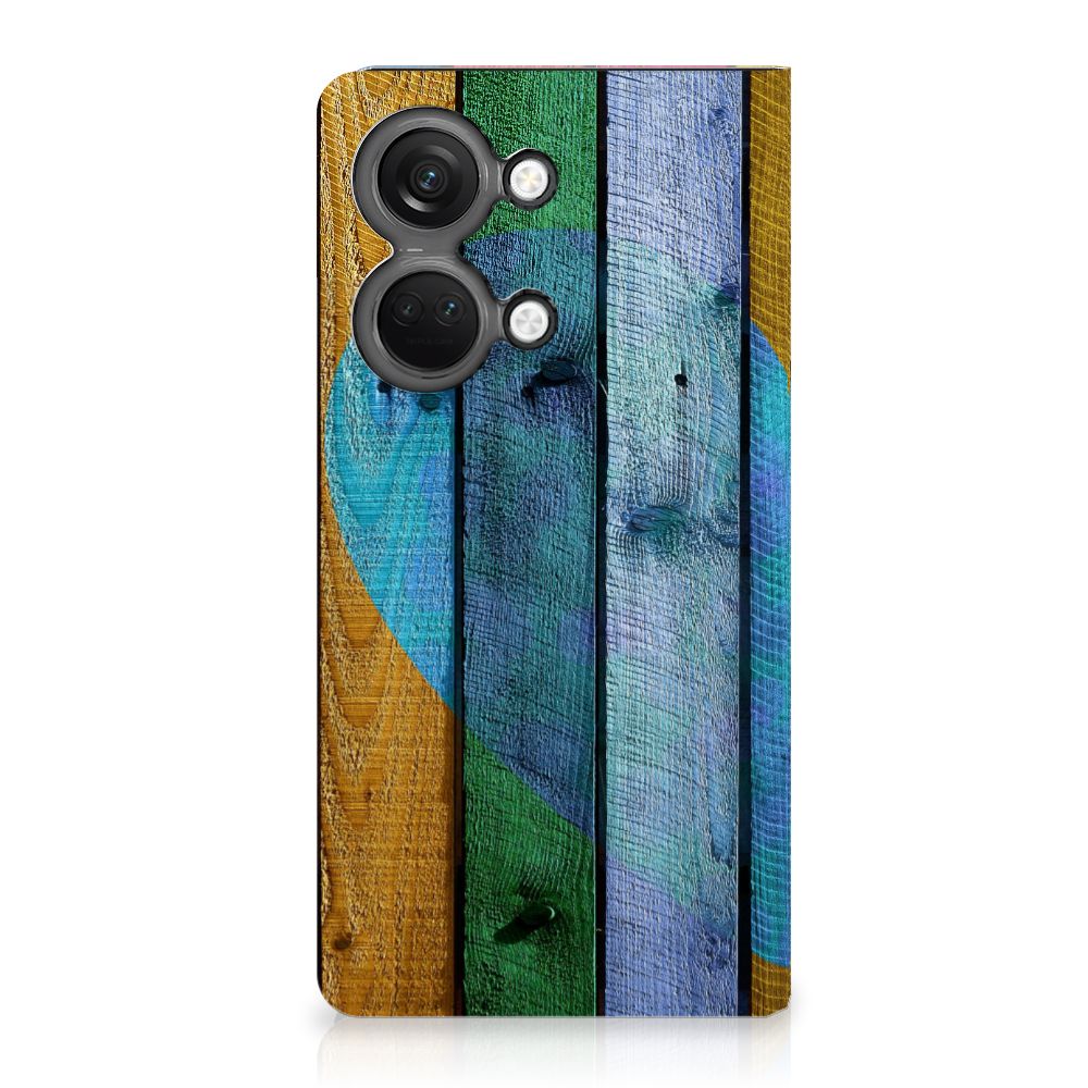 OnePlus Nord 3 Book Wallet Case Wood Heart - Cadeau voor je Vriend met kleurrijke houten uitstraling en hartje 💖.