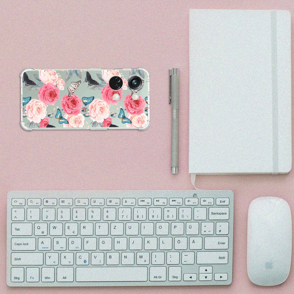OnePlus Nord 3 Case Butterfly Roses telefoonhoesje bovenaanzicht bureau