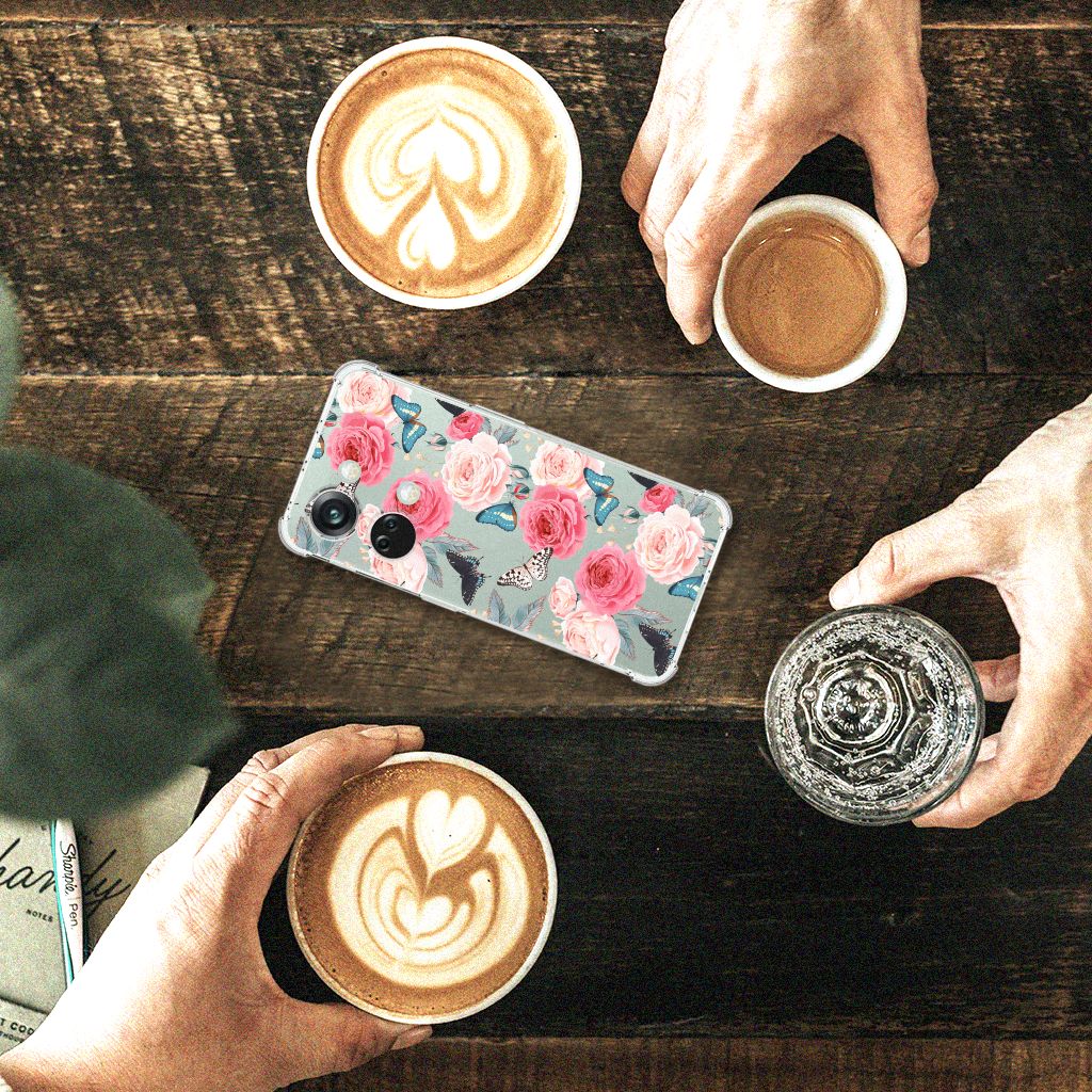 OnePlus Nord 3 Case Butterfly Roses telefoonhoesje met rozen en vlinders op houten tafel