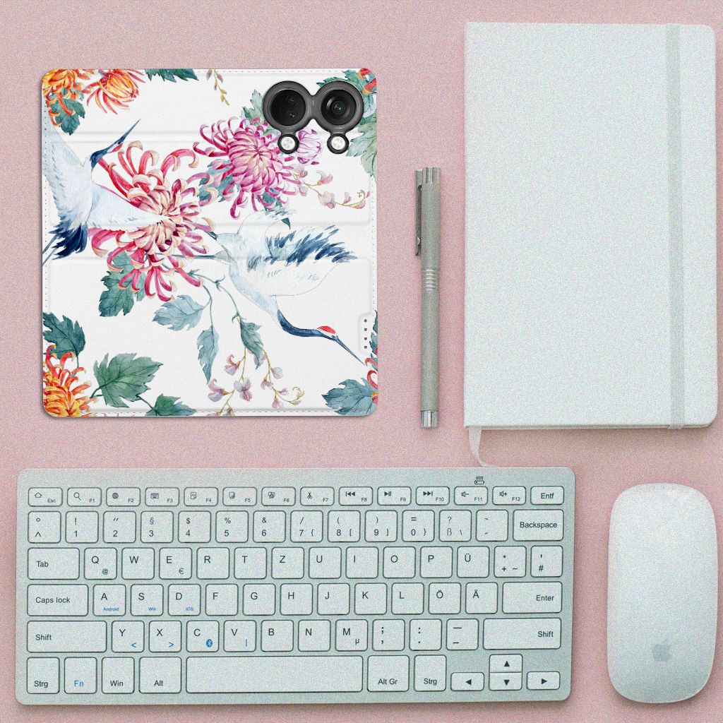 OnePlus Nord 3 Hoesje maken Bird Flowers design bloemen ooievaars aanzicht
