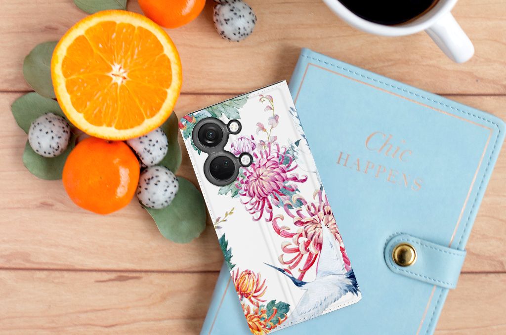 OnePlus Nord 3 Hoesje maken Bird Flowers telefoonhoesje bloemen design bovenaanzicht