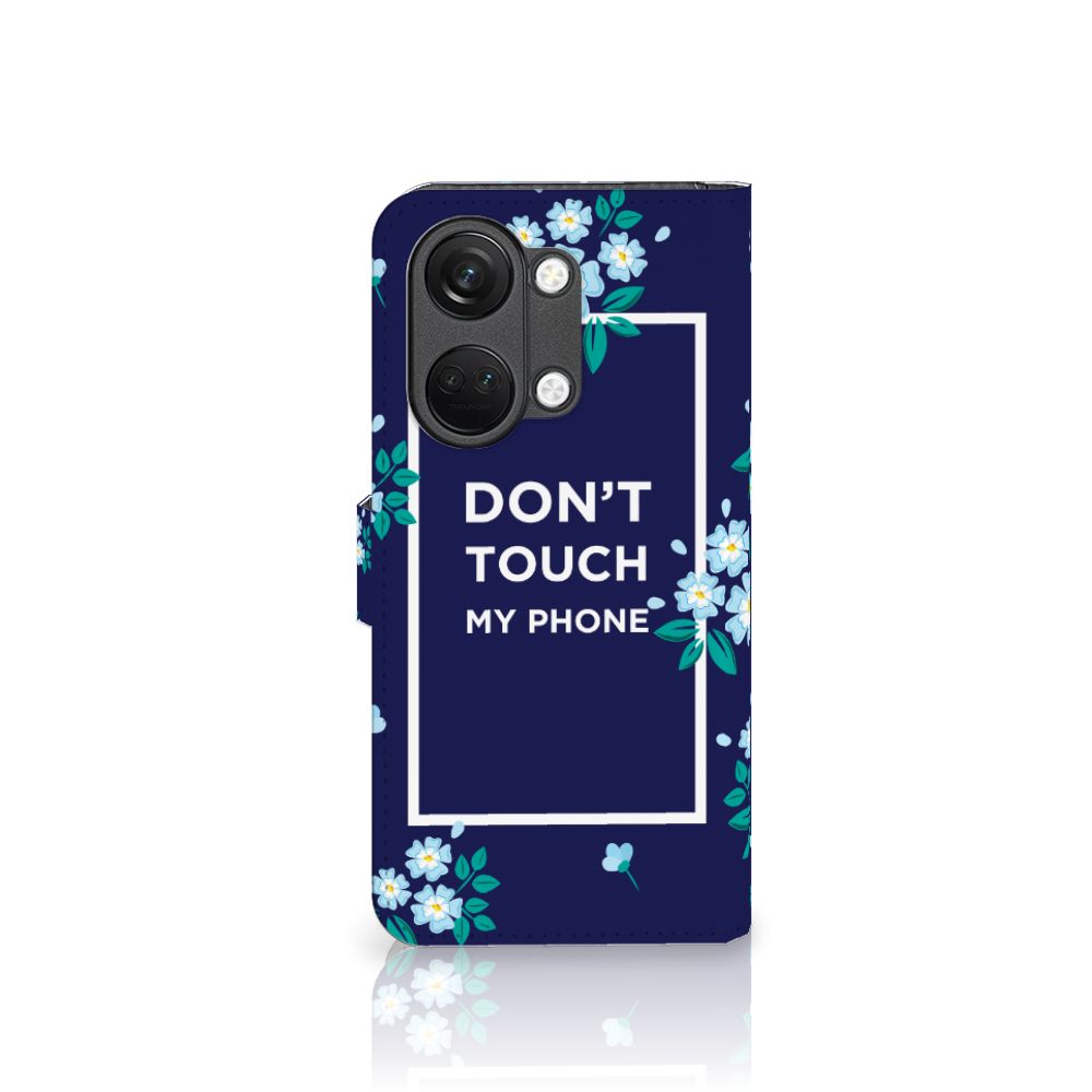 OnePlus Nord 3 Portemonnee Hoesje Flowers Blue DTMP voorkant met bloemen en tekst
