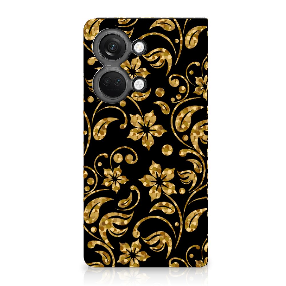 OnePlus Nord 3 Smart Cover Gouden Bloemen telefoonhoesje gouden bloemen design achterkant