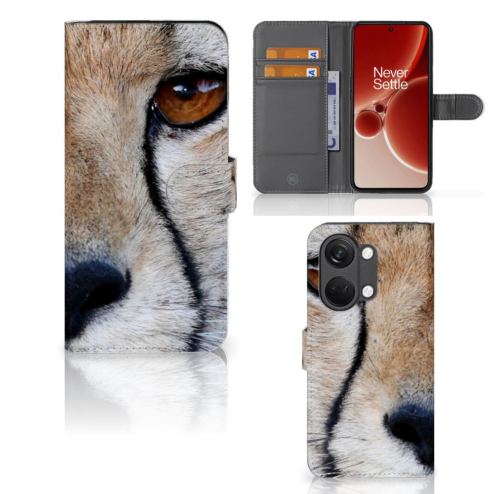 OnePlus Nord 3 Telefoonhoesje met Pasjes Cheetah met close-up van een cheeta en ruimte voor 3 pasjes.