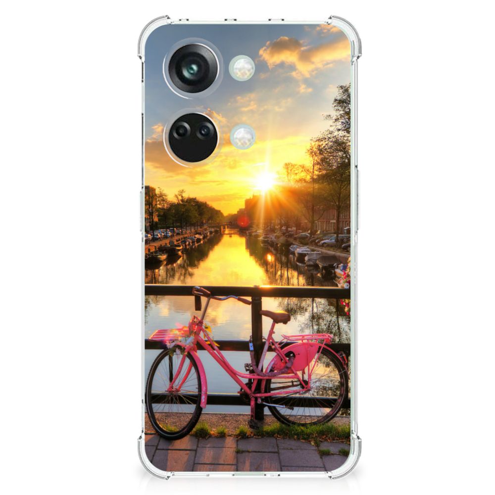 OnePlus Nord 3 Telefoonhoesje met valbescherming Amsterdamse Grachten design fiets sunset