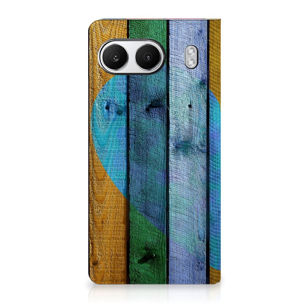 OnePlus Nord 4 Book Wallet Case Wood Heart cadeau voor je vriend design hout kleuren aanzicht