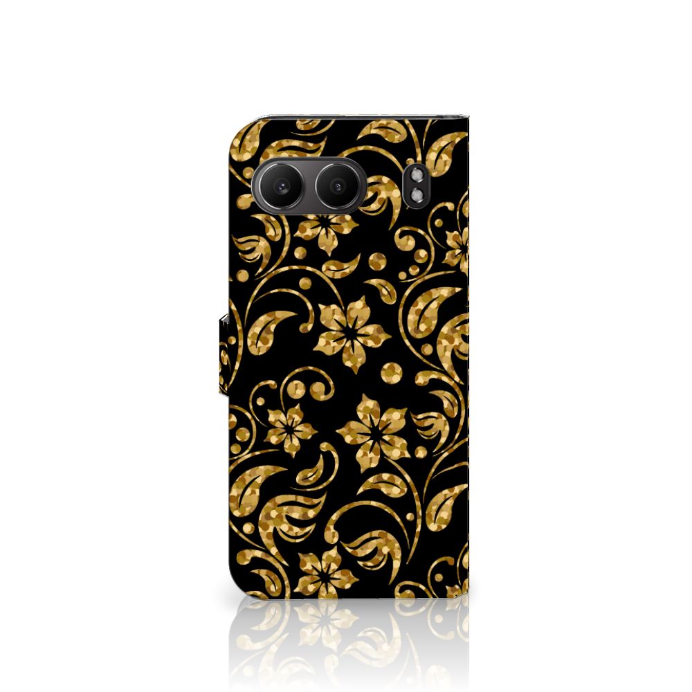 OnePlus Nord 4 Hoesje Gouden Bloemen hoesje bloemen zwart goud aanzicht