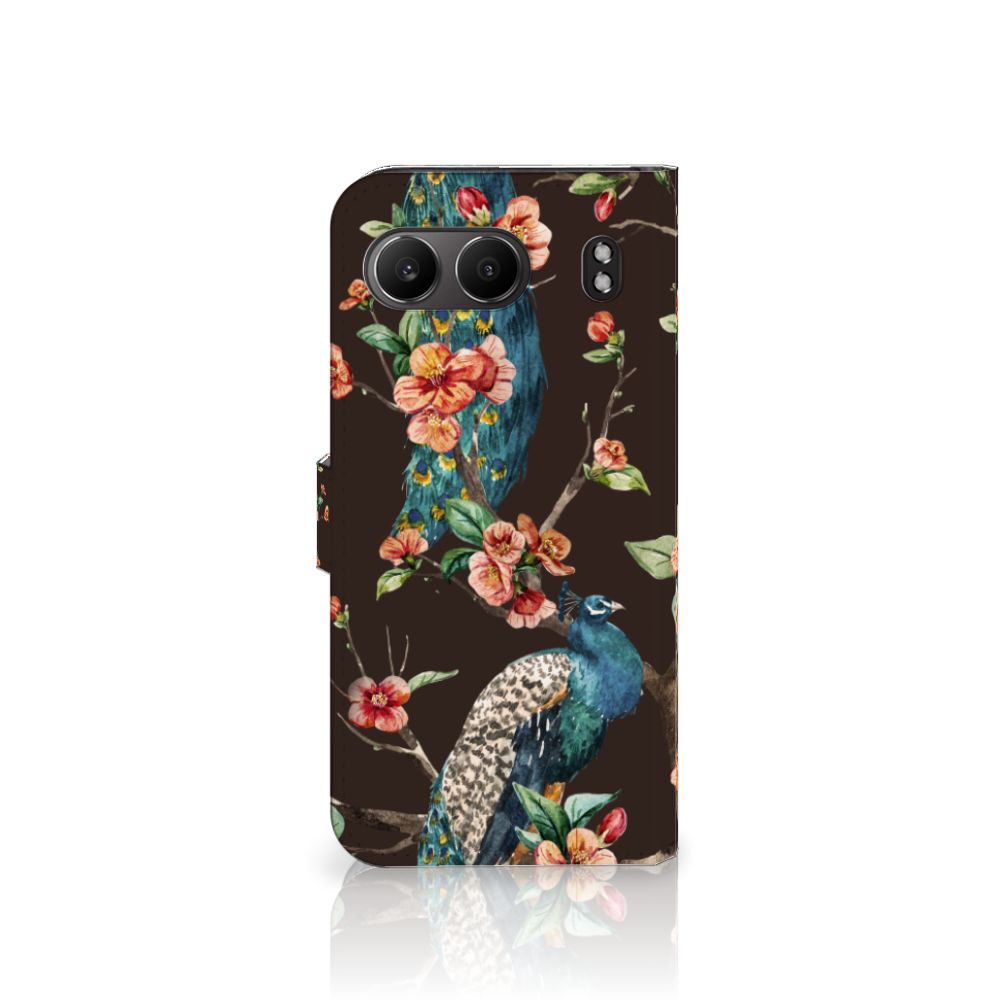 OnePlus Nord 4 Telefoonhoesje met Pasjes Pauw met Bloemen telefoonhoesje pauw bloemen aanzicht
