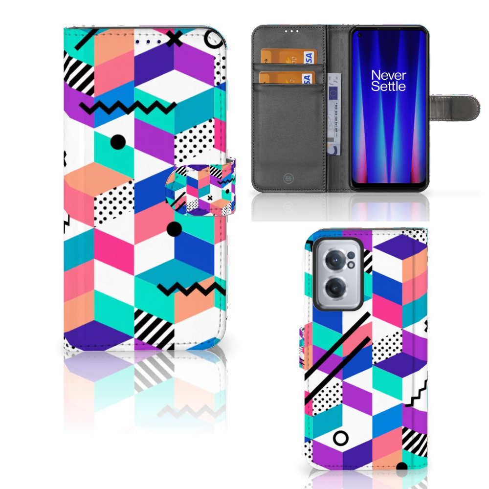 OnePlus Nord CE 2 Book Case Blokken Kleurrijk telefoonhoesje design blokken kleurrijk aanzicht
