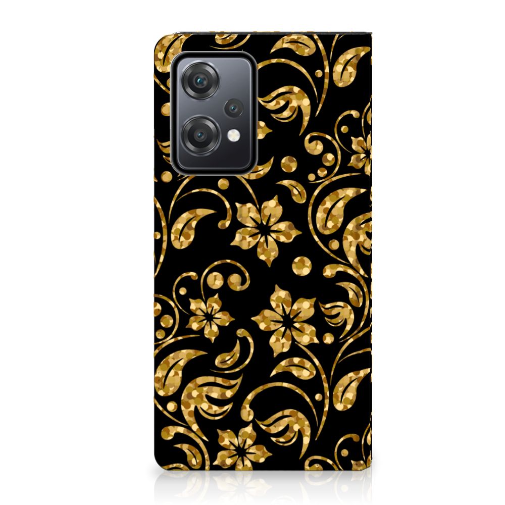 OnePlus Nord CE 2 Lite 5G Smart Cover Gouden Bloemen achterkant zwart gouden bloemen patroon