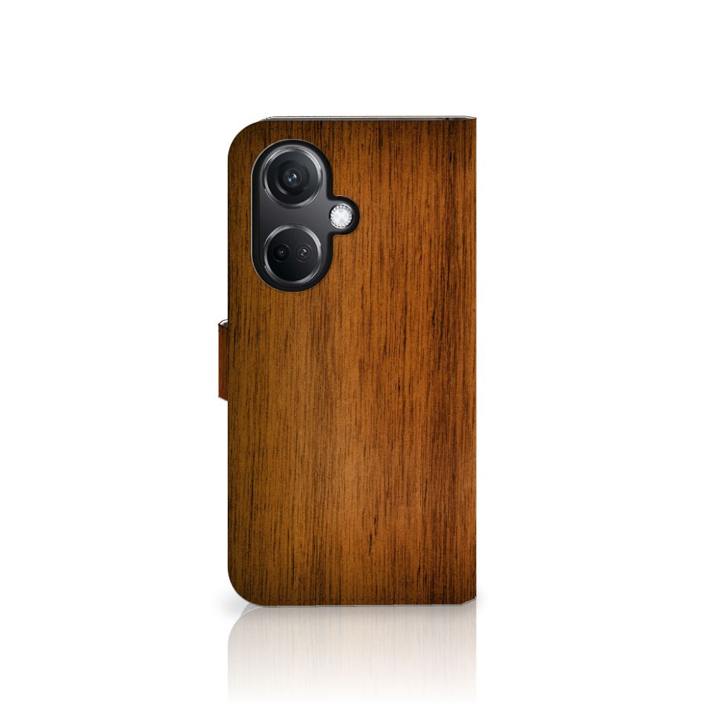 OnePlus Nord CE 3 Book Style Case Donker Hout met een realistische houtprint voor stijl en bescherming.