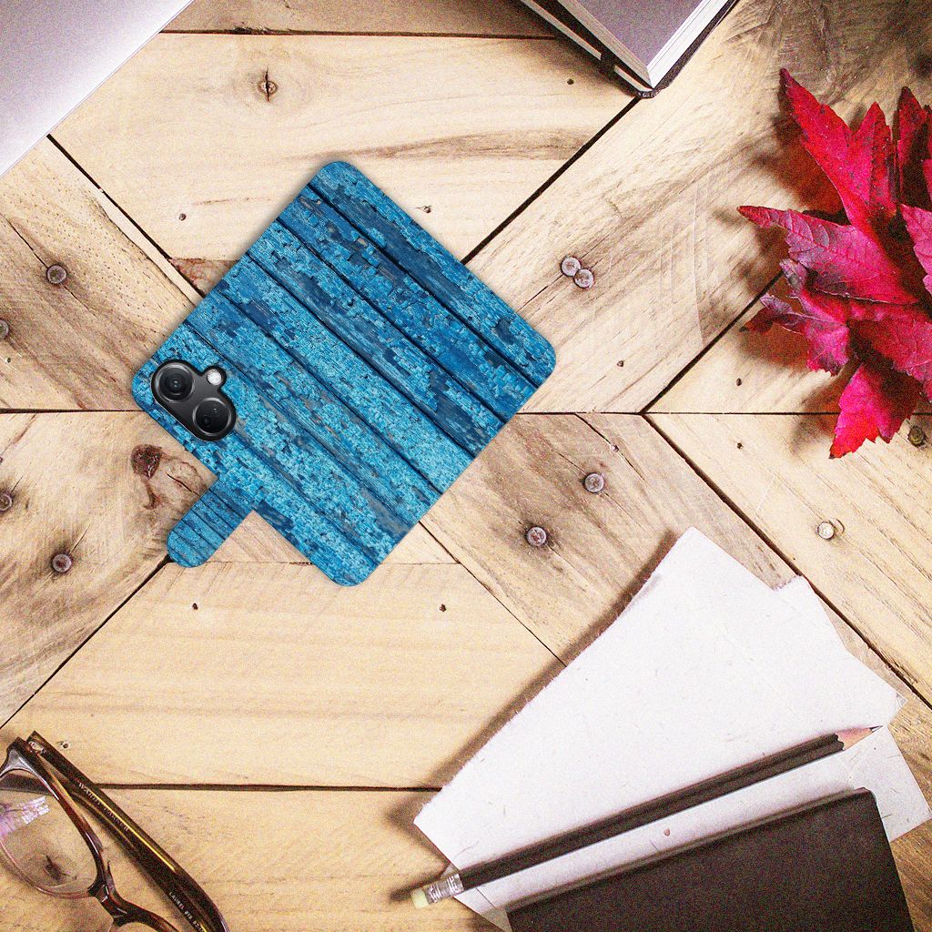 OnePlus Nord CE 3 Book Style Case Wood Blue case blauw hout bovenaanzicht