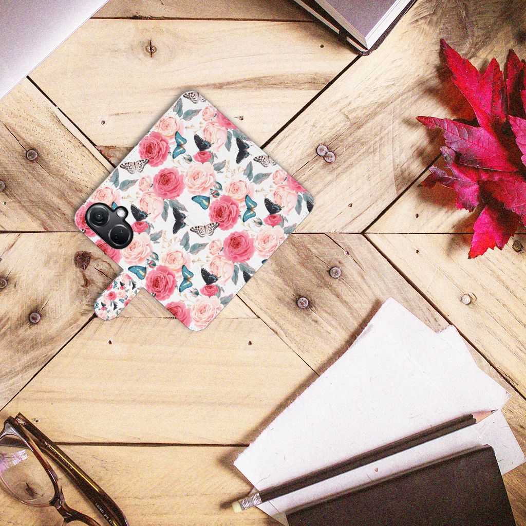 OnePlus Nord CE 3 Hoesje Butterfly Roses telefoonhoesje bloemen design bovenaanzicht