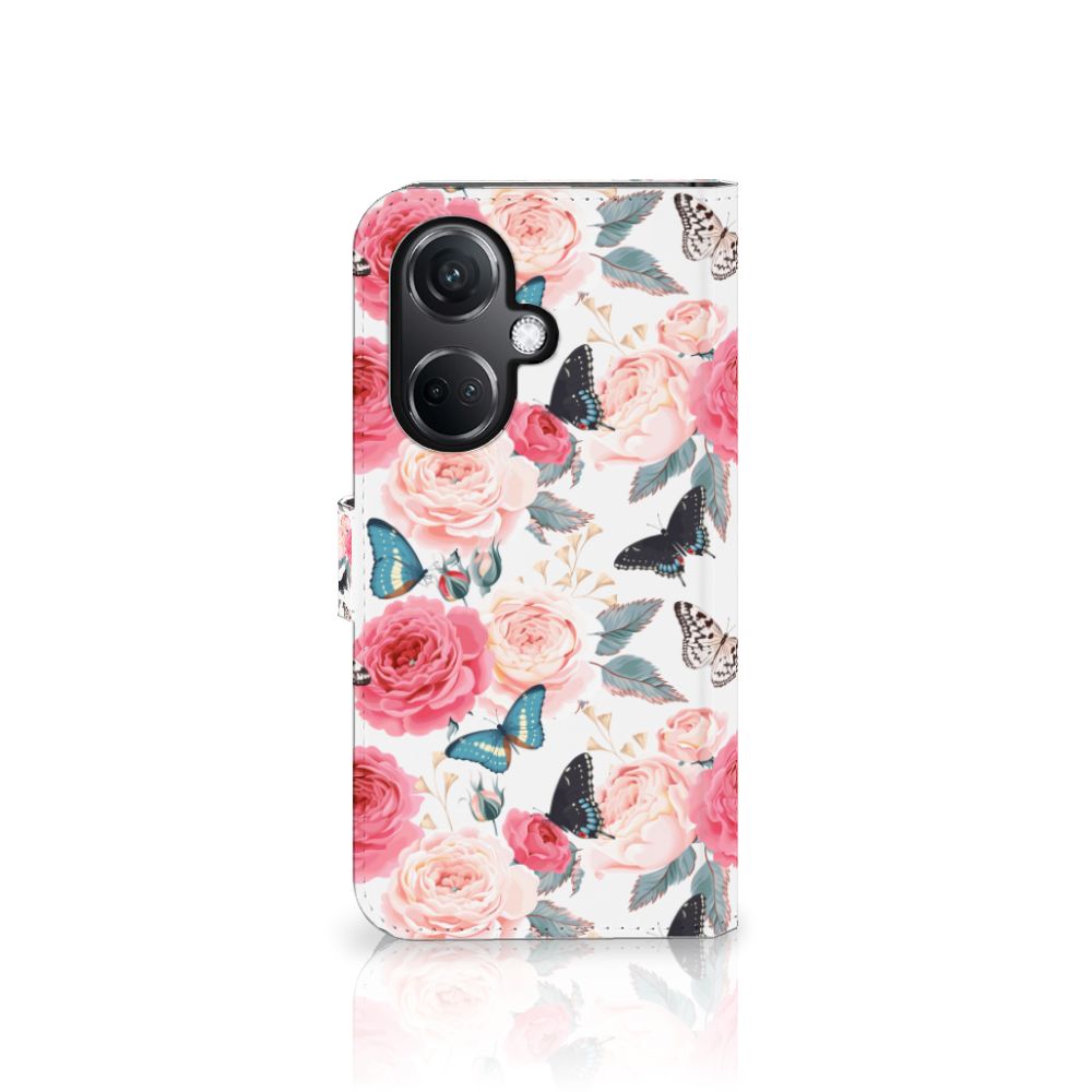 OnePlus Nord CE 3 Hoesje Butterfly Roses boekhoesje rozen vlinders aanzicht