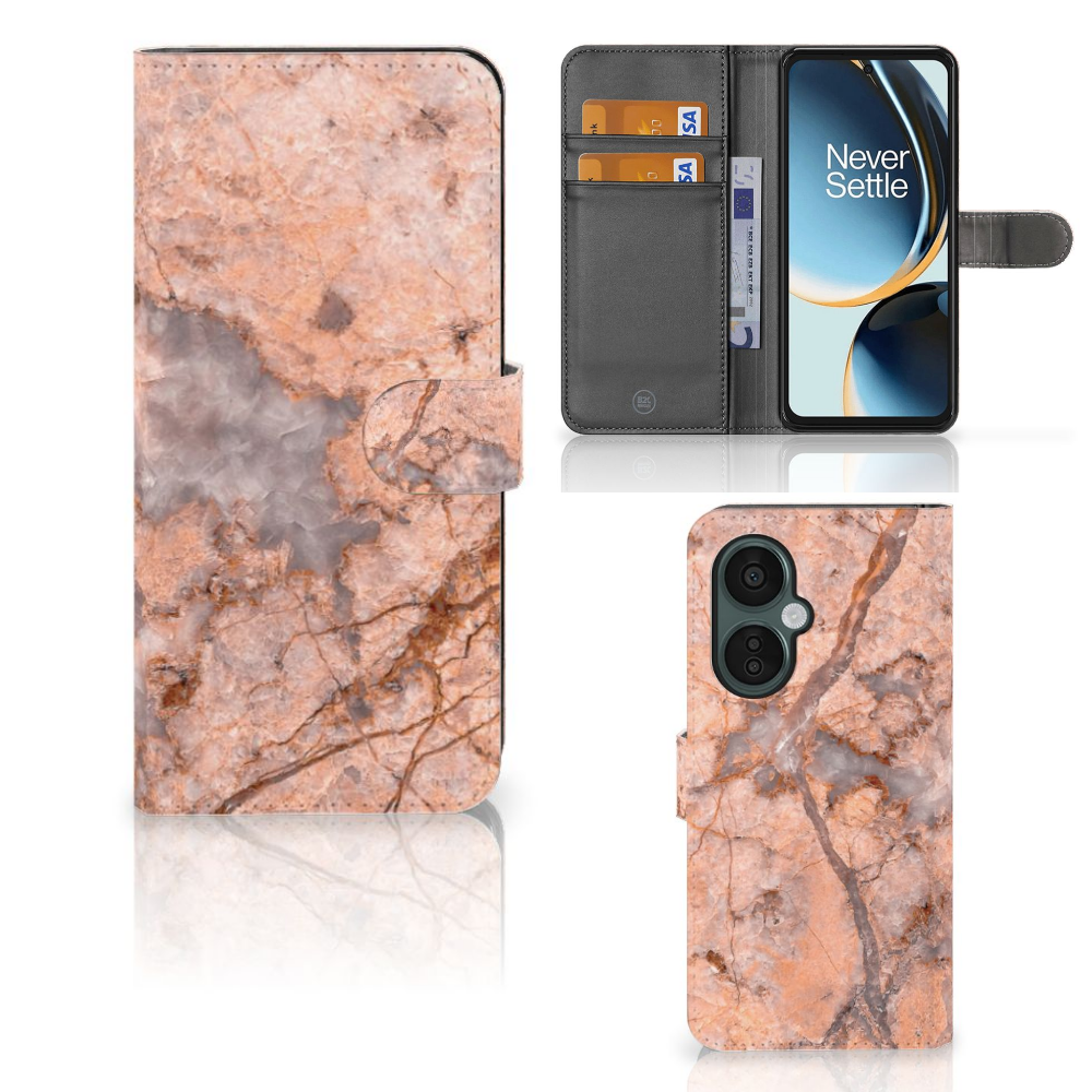 OnePlus Nord CE 3 Lite Bookcase Marmer Oranje boekcase oranje marmer voorkant binnenkant