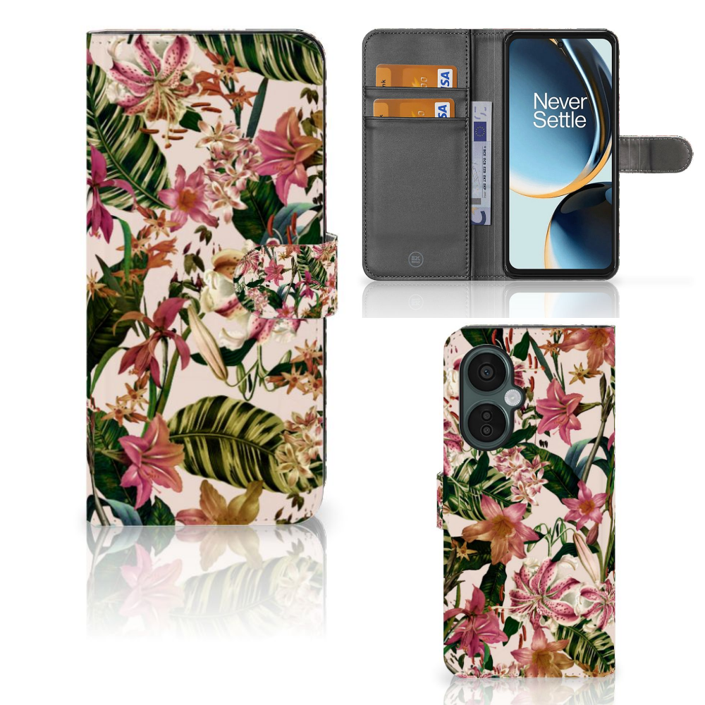 OnePlus Nord CE 3 Lite Hoesje Flowers hoesje bloemen design voorzijde en binnenkant
