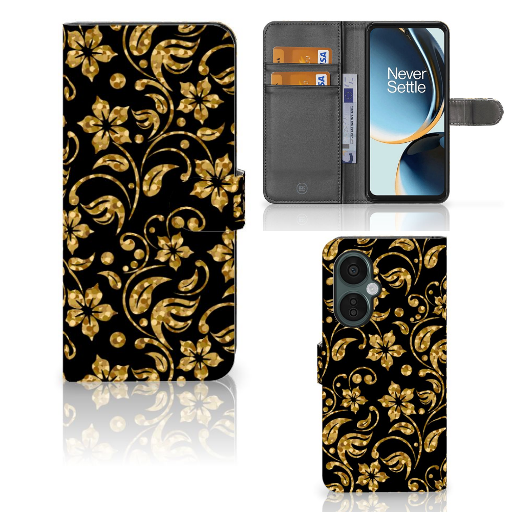 OnePlus Nord CE 3 Lite Hoesje Gouden Bloemen telefoonhoesje goud bloemen design voorkant en binnenkant