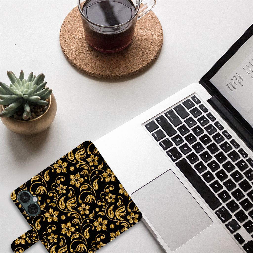 OnePlus Nord CE 3 Lite Hoesje Gouden Bloemen design zwart gouden bloemen aanzicht