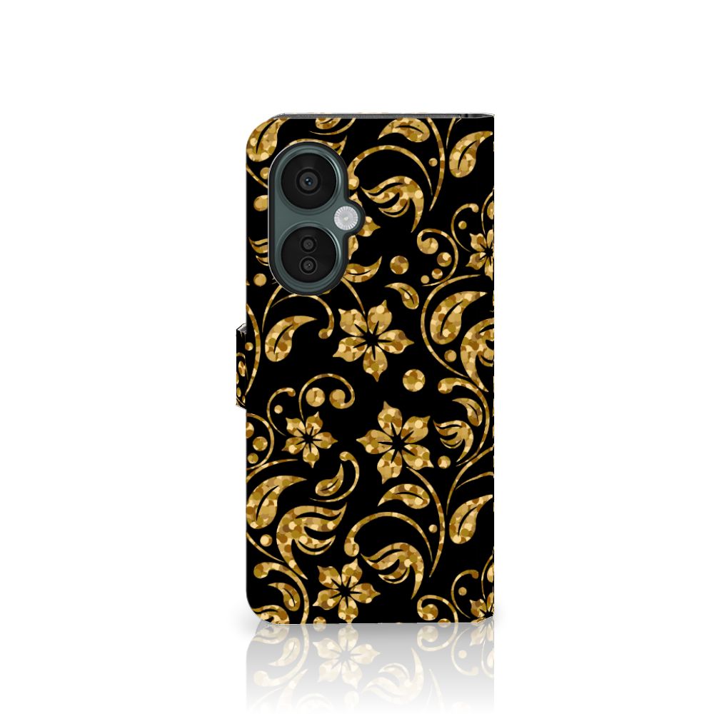 OnePlus Nord CE 3 Lite Hoesje Gouden Bloemen design gouden bloemen zijaanzicht