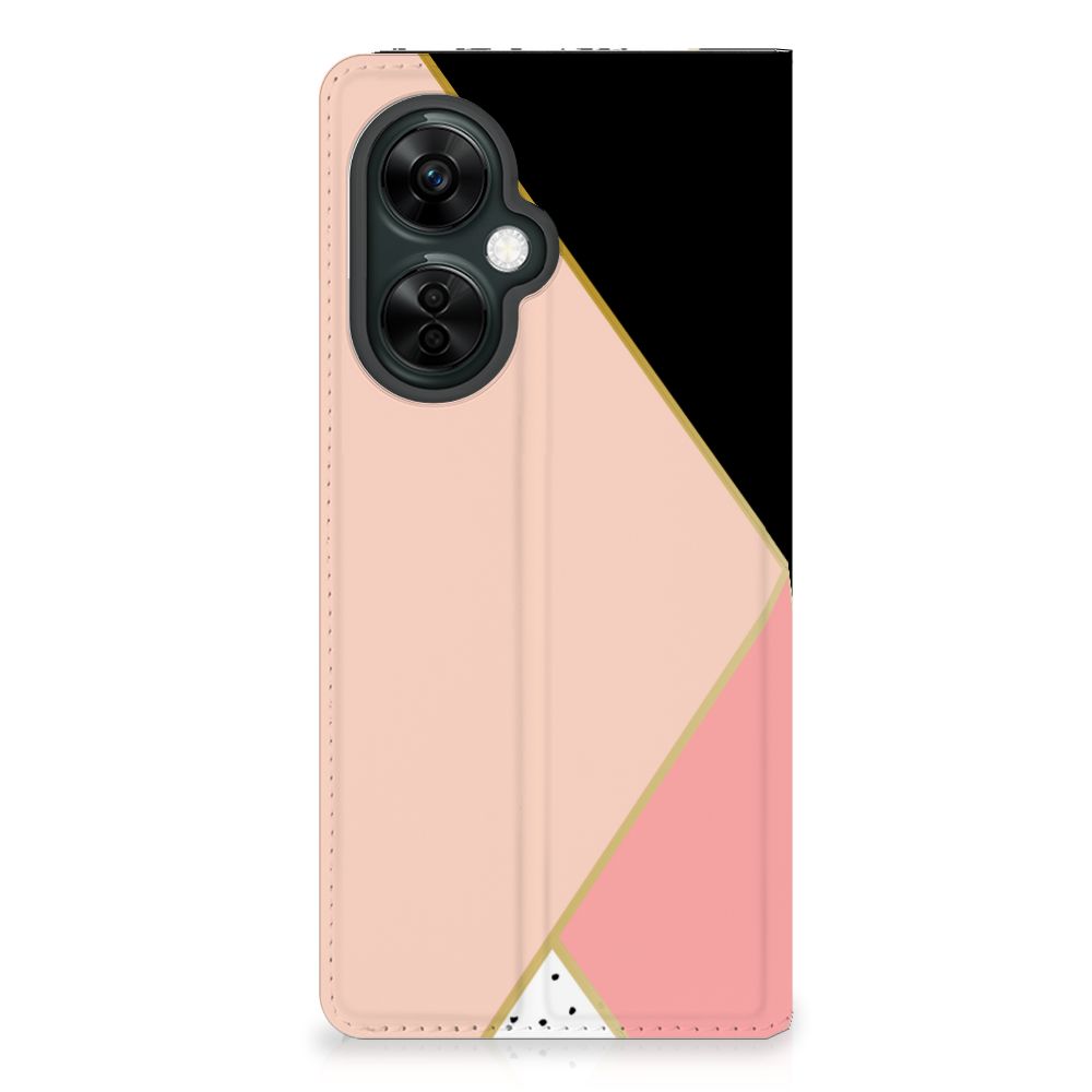 OnePlus Nord CE 3 Lite Stand Case Zwart Roze Vormen print design aanzicht