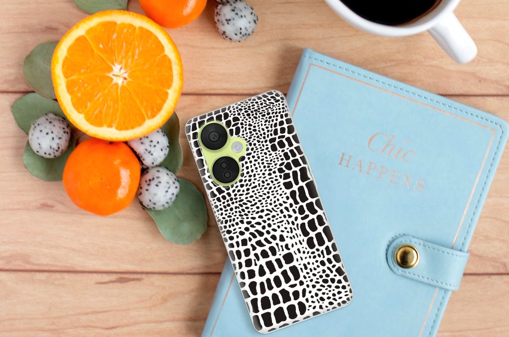 OnePlus Nord CE 3 Lite TPU Hoesje Slangenprint slangenprint bovenaanzicht smartphone en fruit