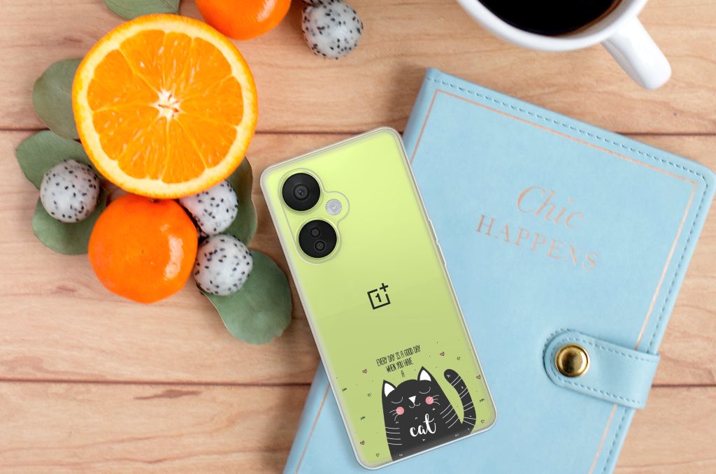 OnePlus Nord CE 3 Lite Telefoonhoesje met Naam Cat Good Day design achteraanzicht