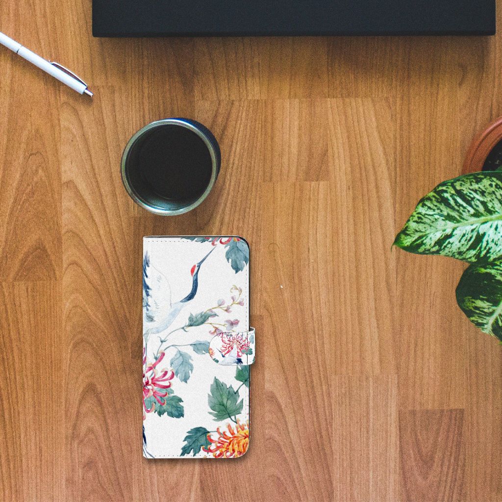OnePlus Nord CE 3 Lite Telefoonhoesje met Pasjes Bird Flowers design Bird Flowers bovenaanzicht