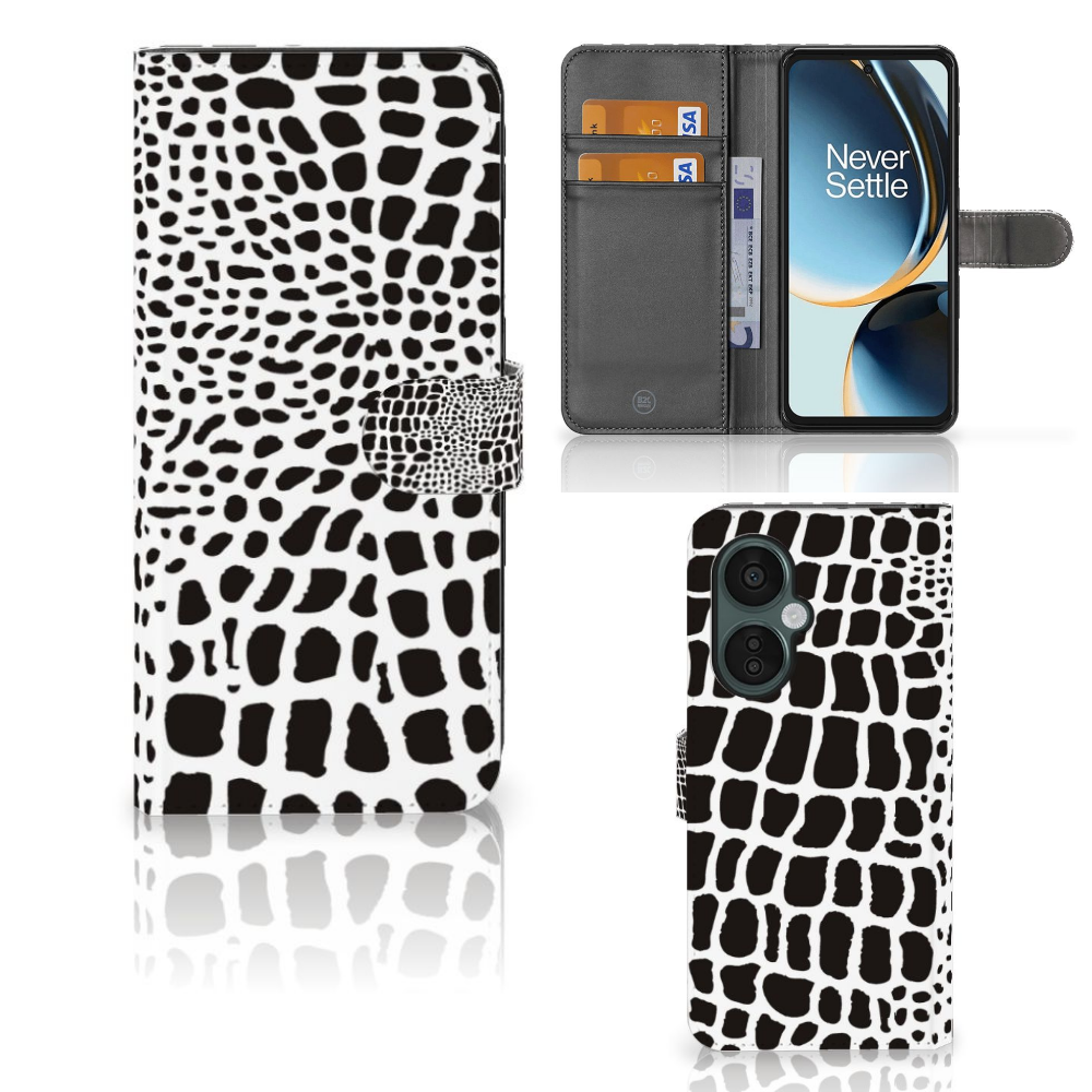 OnePlus Nord CE 3 Lite Telefoonhoesje met Pasjes Slangenprint, zwart-wit design, perfect cadeau voor gebruiksgemak en bescherming.