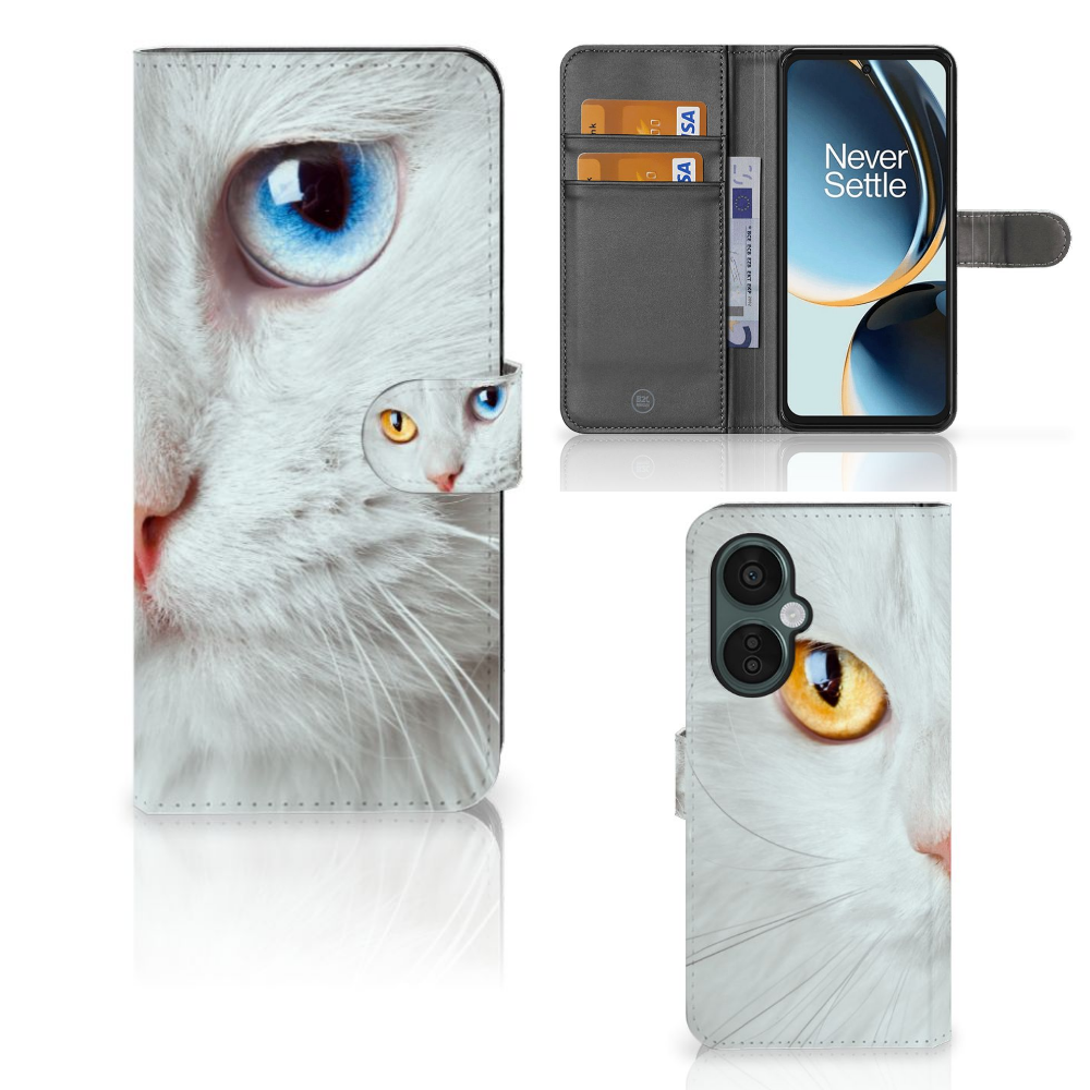OnePlus Nord CE 3 Lite Telefoonhoesje met Pasjes Witte Kat met unieke ogen, perfect als cadeau 🎁 voor gebruiksgemak en bescherming.